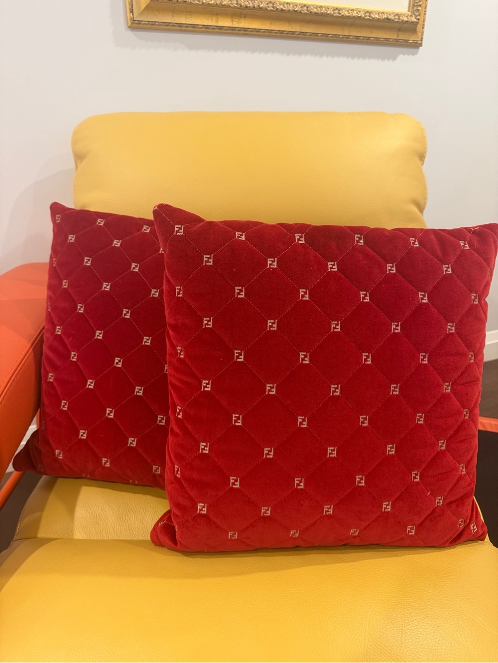 Fendi Red Velvet Pillow with Silver Logo Plaque